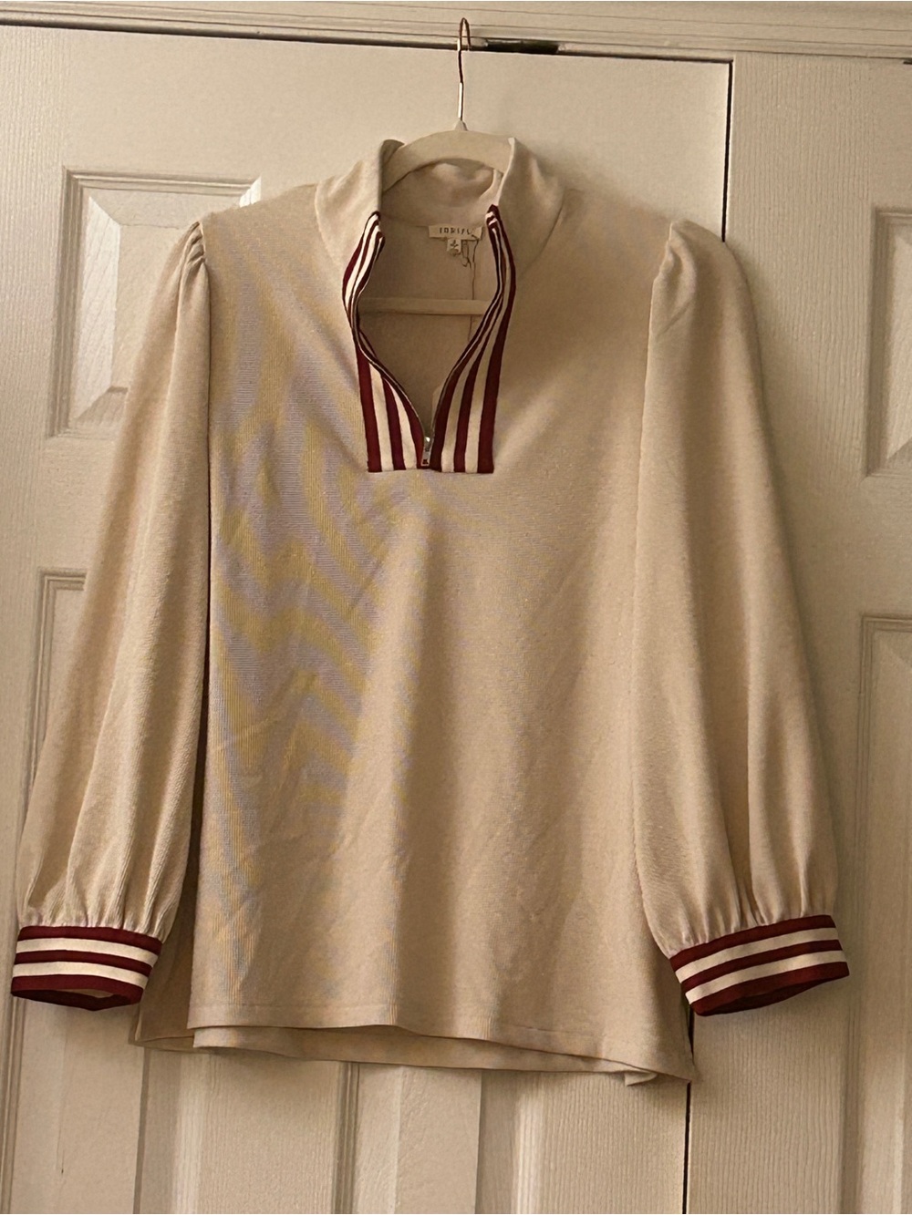NWT JODIFL Cream Ribbed Pullover Top Small Red Varsity Striped Zip Collar Preppy